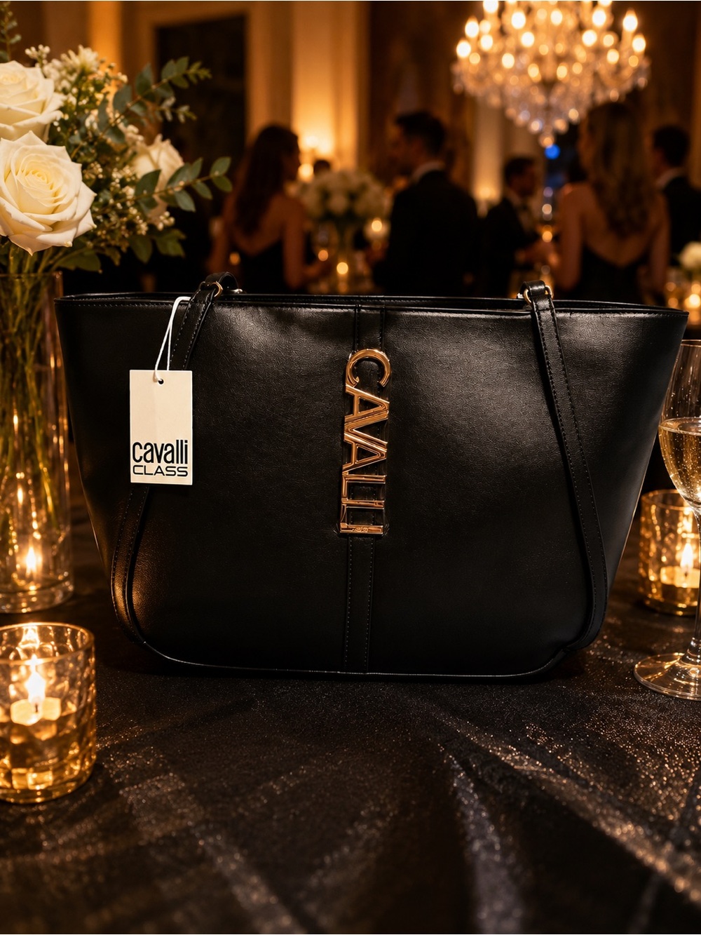 Cavalli Class Black Tote with Gold Logo Charm